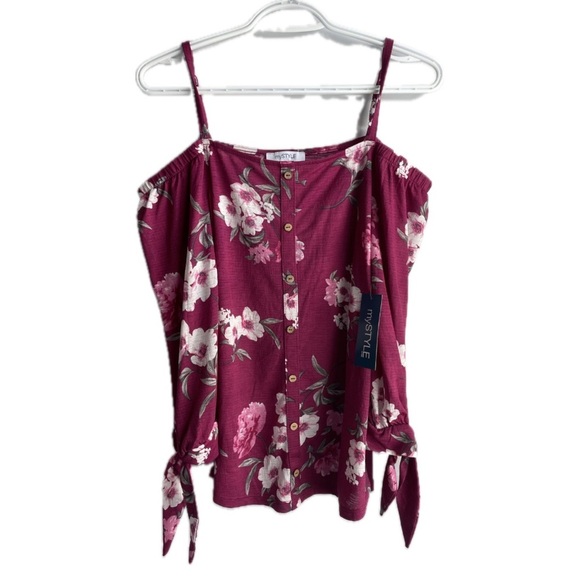 Floral Print Magenta Off the Shoulder Tie Up Button Down Blouse - Picture 1 of 5